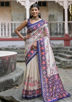 Cream Embroidered Silk Saree Set