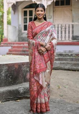 Cream Embroidered Silk Saree Set