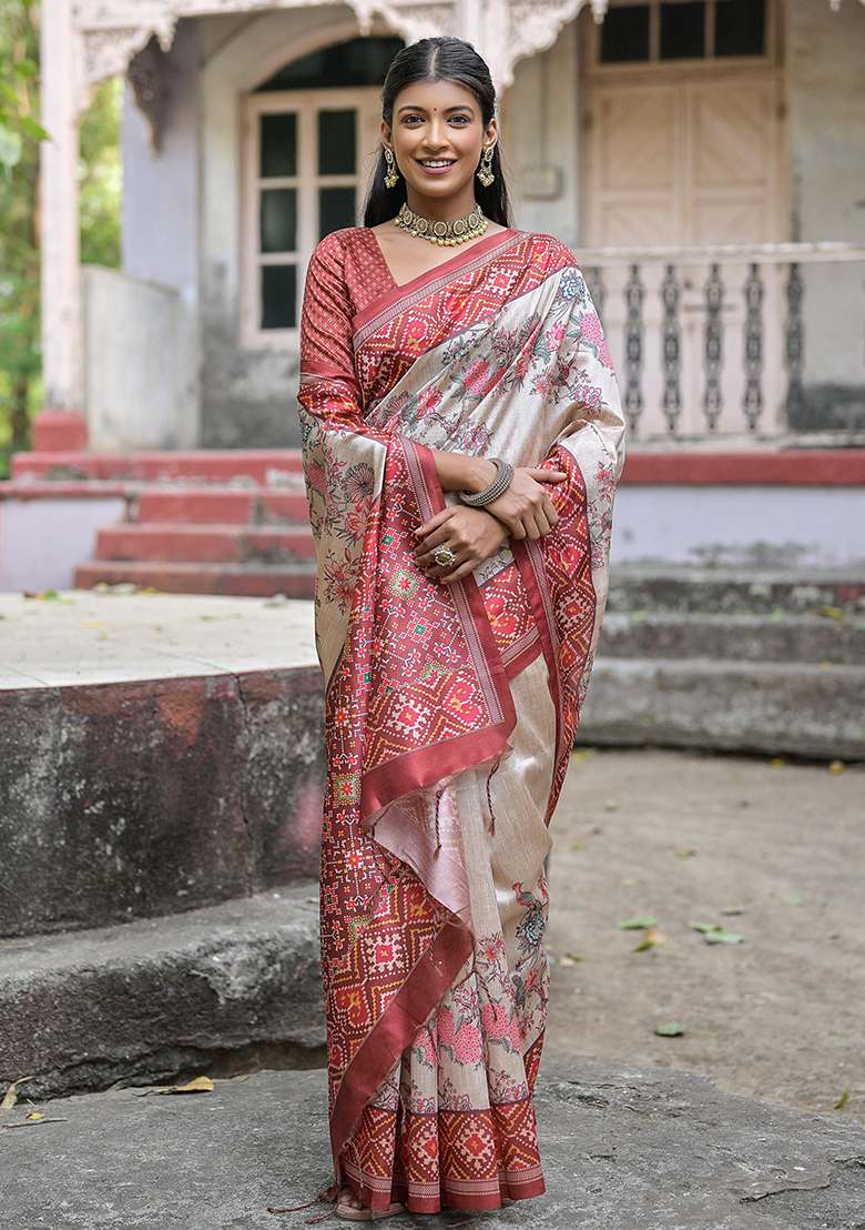 Cream Embroidered Silk Blend Saree Set - Indya