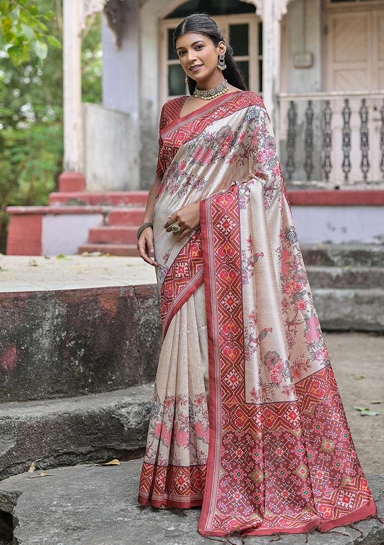 Cream Embroidered Silk Blend Saree Set - Indya