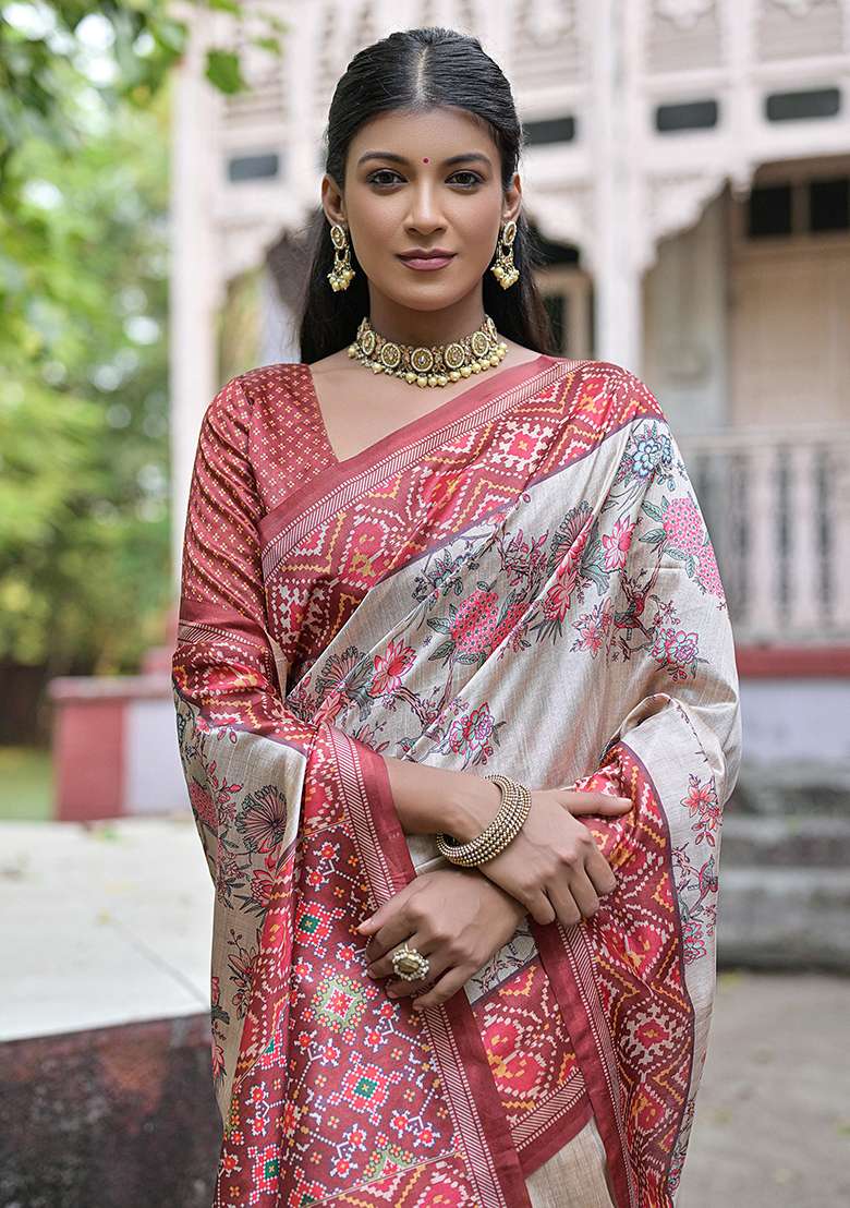 Cream Embroidered Silk Blend Saree Set - Indya