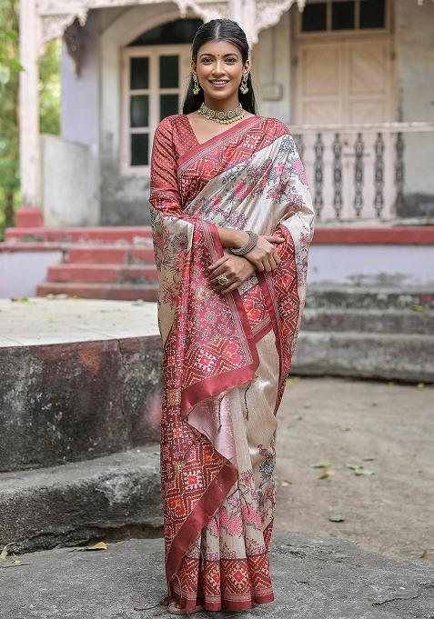 Cream Embroidered Silk Saree Set