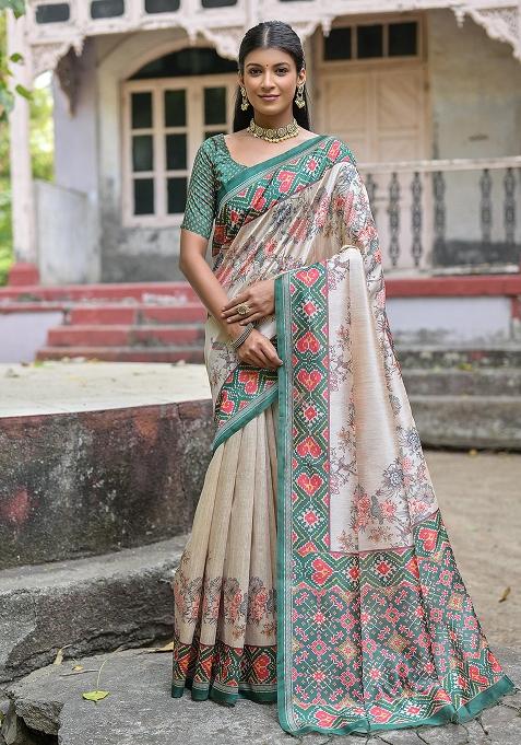 Cream Embroidered Silk Saree Set