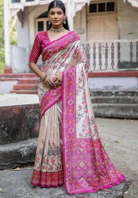 Cream Embroidered Silk Saree Set