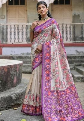 Cream Embroidered Silk Saree Set