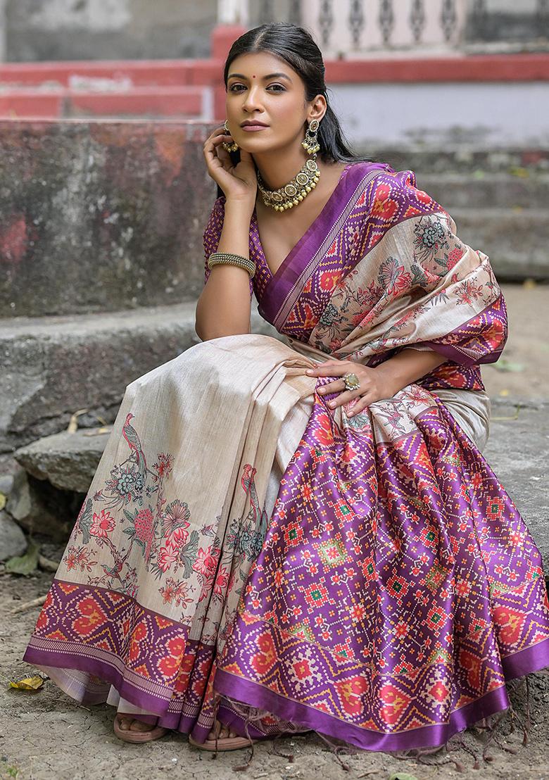 Cream Embroidered Silk Saree Set - Indya