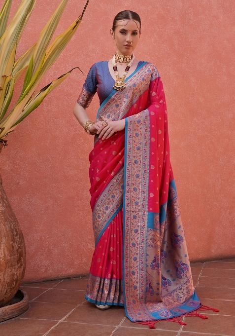 Magenta Embroidered Silk Saree Set