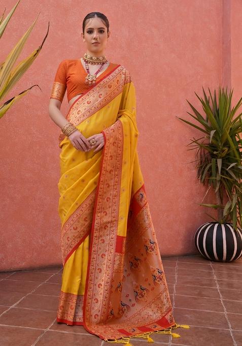 Yellow Embroidered Silk Saree Set