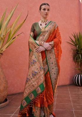 Orange Embroidered Silk Saree Set