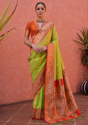 Parrot Green Embroidered Silk Saree Set