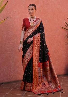 Black Embroidered Silk Saree Set