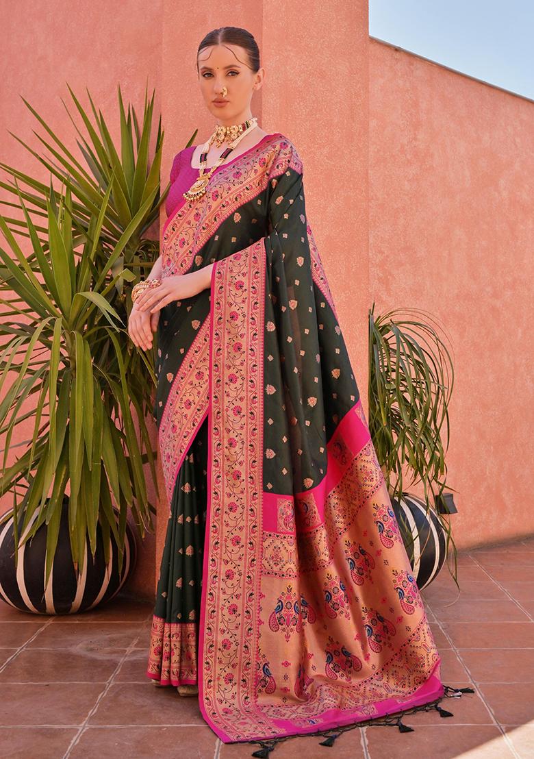 Mehendi Embroidered Silk Saree Set