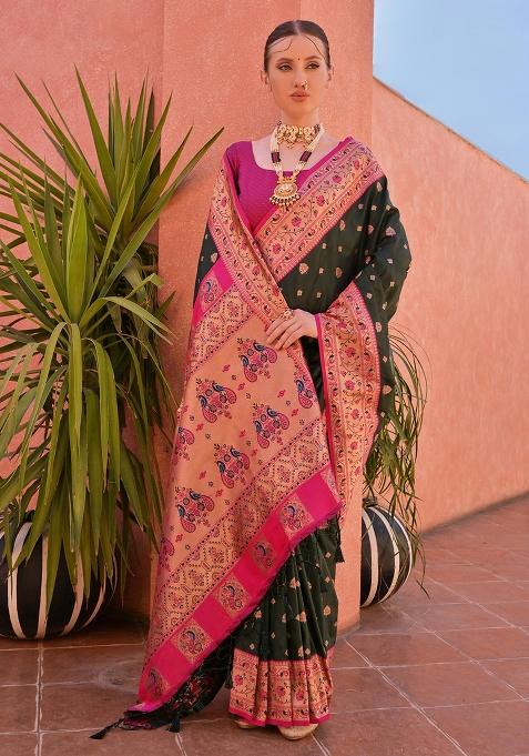 Mehendi Embroidered Silk Saree Set