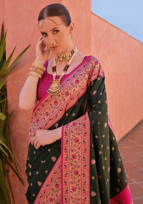 Mehendi Embroidered Silk Saree Set