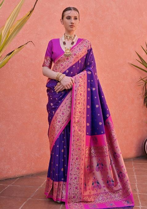 Purple Embroidered Silk Saree Set