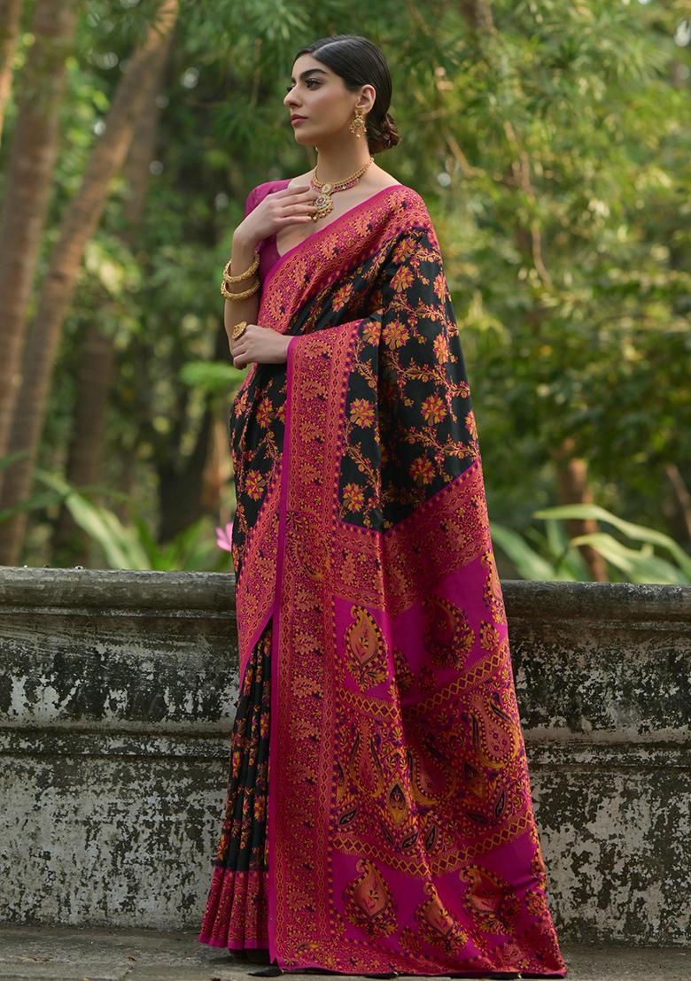 Black Embroidered Silk Saree Set - Indya