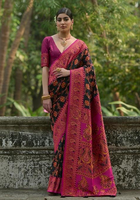 Black Embroidered Silk Saree Set