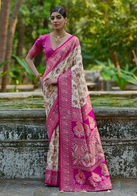 Cream Embroidered Silk Saree Set