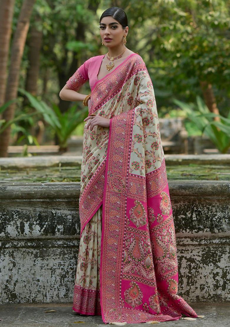 Cream Embroidered Silk Saree Set - Indya