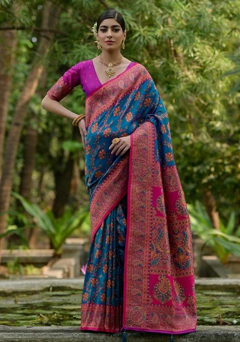 Firozi Embroidered Silk Saree Set