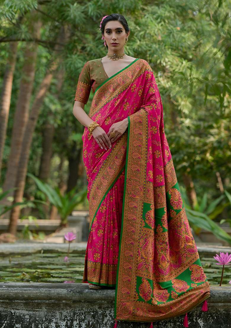 Pink Embroidered Silk Saree Set - Indya