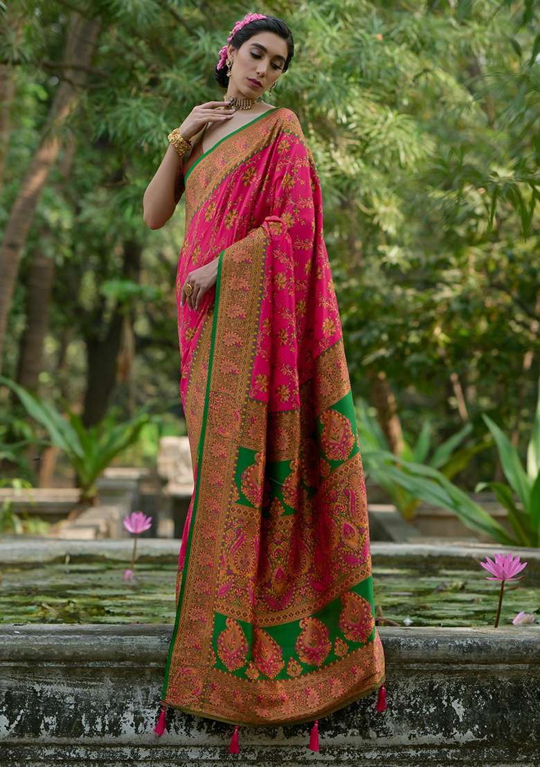Pink Embroidered Silk Saree Set - Indya