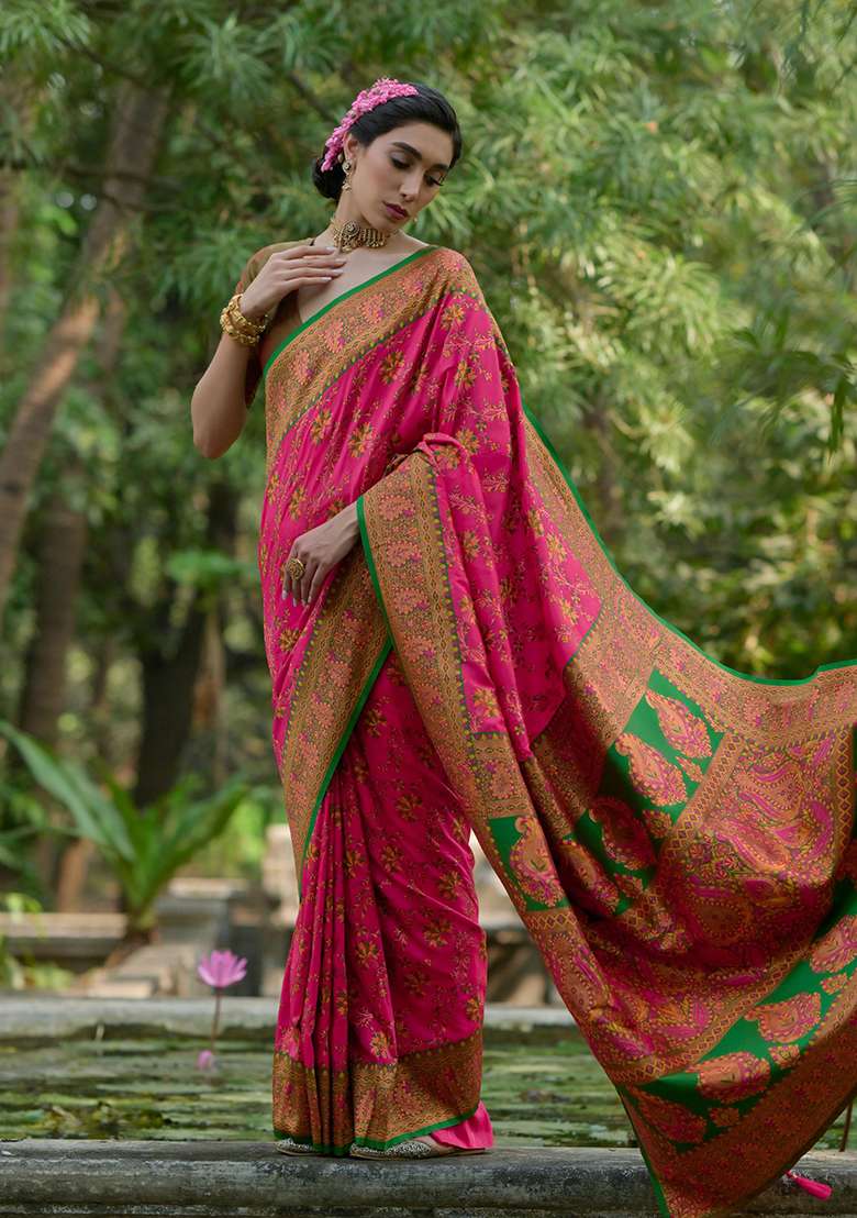 Pink Embroidered Silk Saree Set - Indya