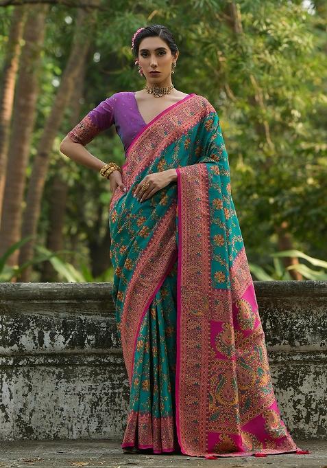 Rama Embroidered Silk Saree Set