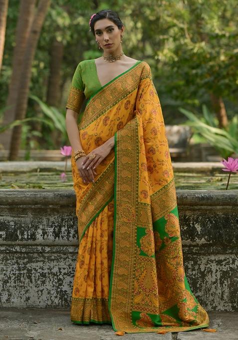 Yellow Embroidered Silk Saree Set
