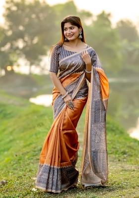 Rust Embroidered Silk Saree Set