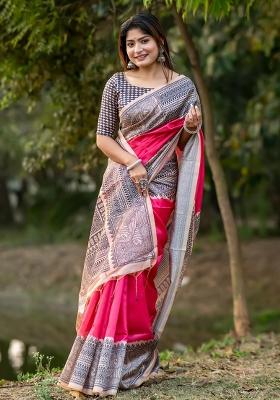 Pink Embroidered Silk Saree Set