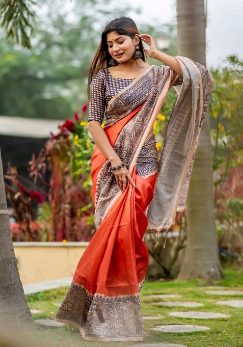 Orange Embroidered Silk Saree Set