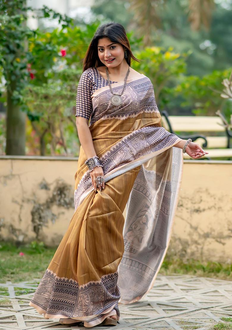 Khaki Embroidered Silk Saree Set