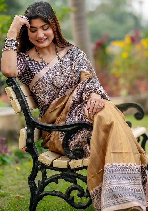 Khaki Embroidered Silk Saree Set