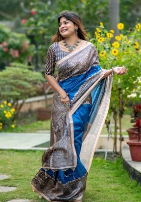 Blue Embroidered Silk Saree Set