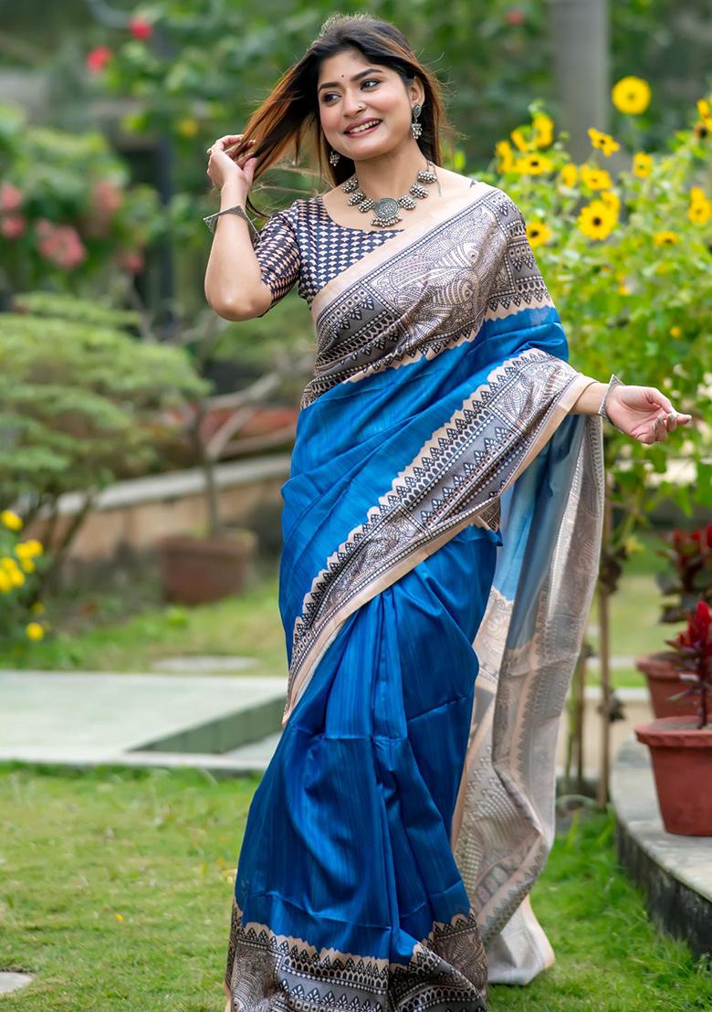 Blue Embroidered Silk Saree Set - Indya