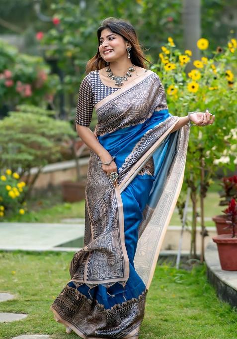Blue Embroidered Silk Saree Set