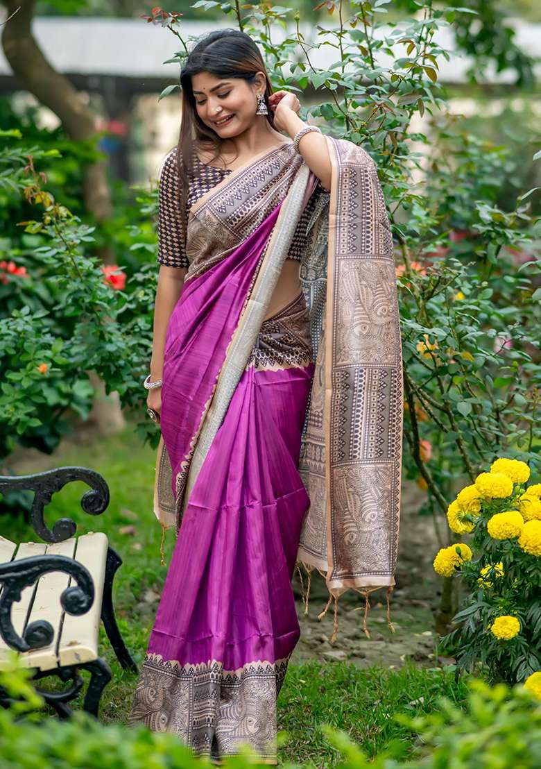 Purple Embroidered Silk Blend Saree Set - Indya