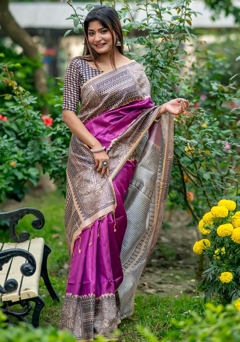 Purple Embroidered Silk Blend Saree Set - Indya
