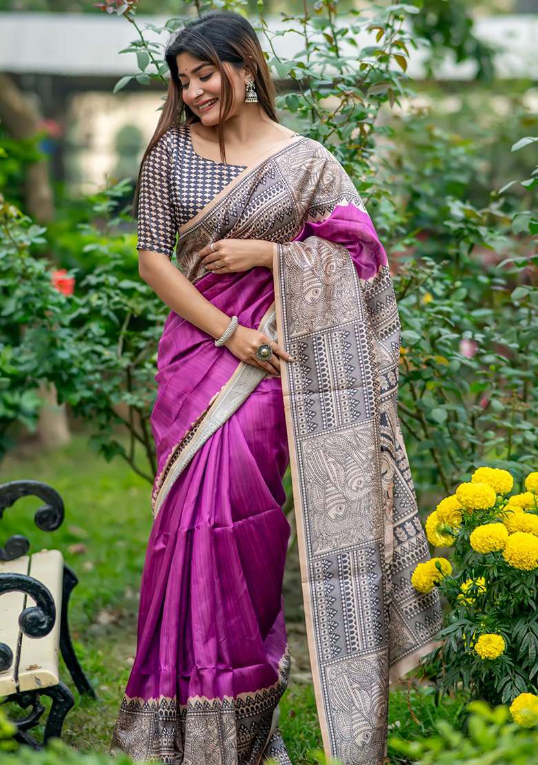 Purple Embroidered Silk Blend Saree Set - Indya