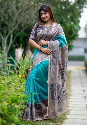 Aqua Embroidered Silk Saree Set