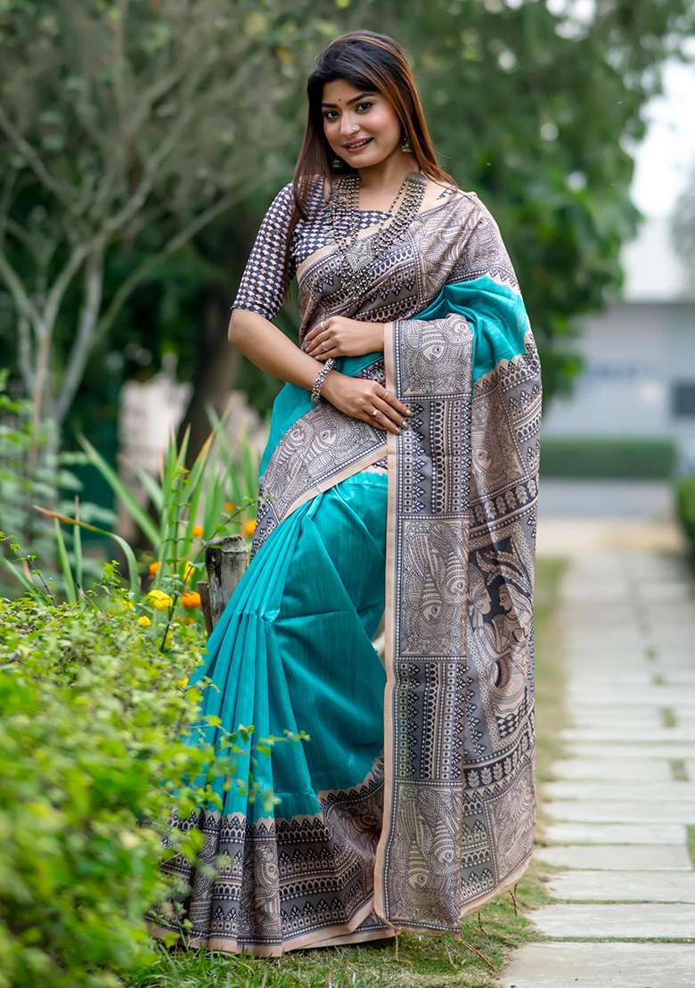 Aqua Embroidered Silk Blend Saree Set - Indya