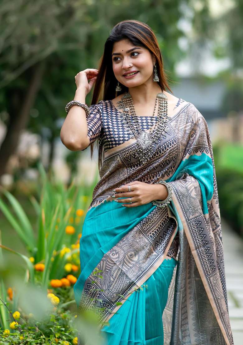 Aqua Embroidered Silk Blend Saree Set - Indya