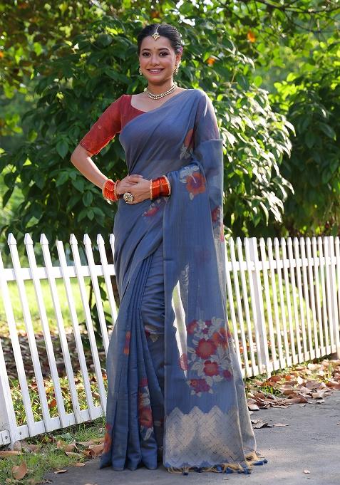Grey Embroidered Cotton Saree Set