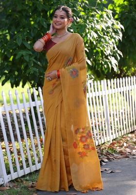 Mustard Embroidered Cotton Saree Set
