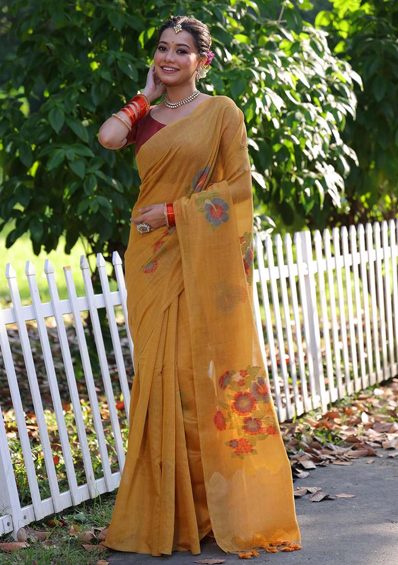 Mustard Embroidered Cotton Saree Set - Indya