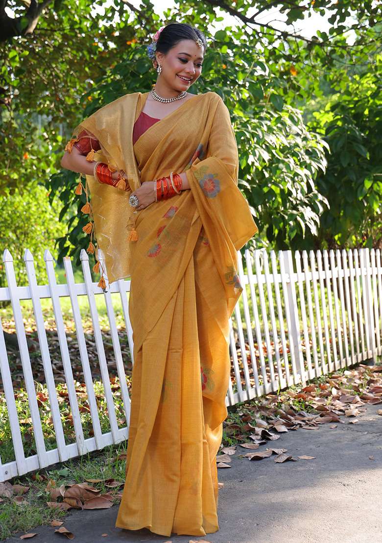 Mustard Embroidered Cotton Saree Set - Indya