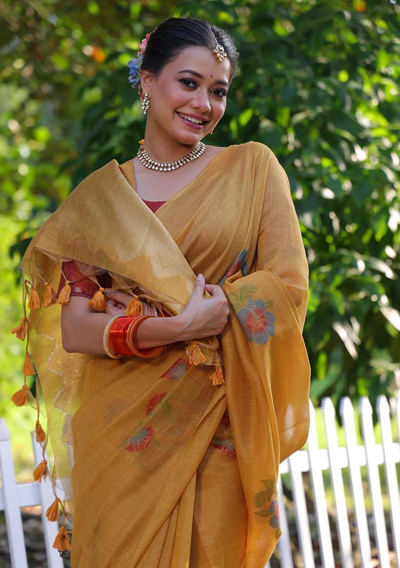 Mustard Embroidered Cotton Saree Set - Indya