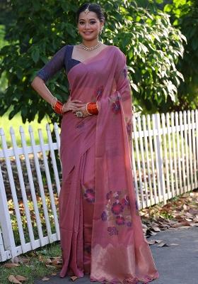 Pink Embroidered Cotton Saree Set