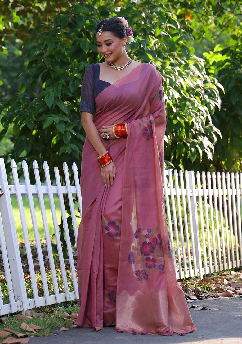 Pink Embroidered Cotton Saree Set - Indya